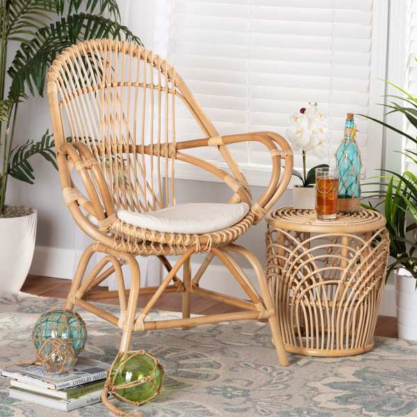 Baxton Studio Jayden Modern Bohemian White Fabric Upholstered and Natural Brown Finished Rattan Accent Chair 205-12693